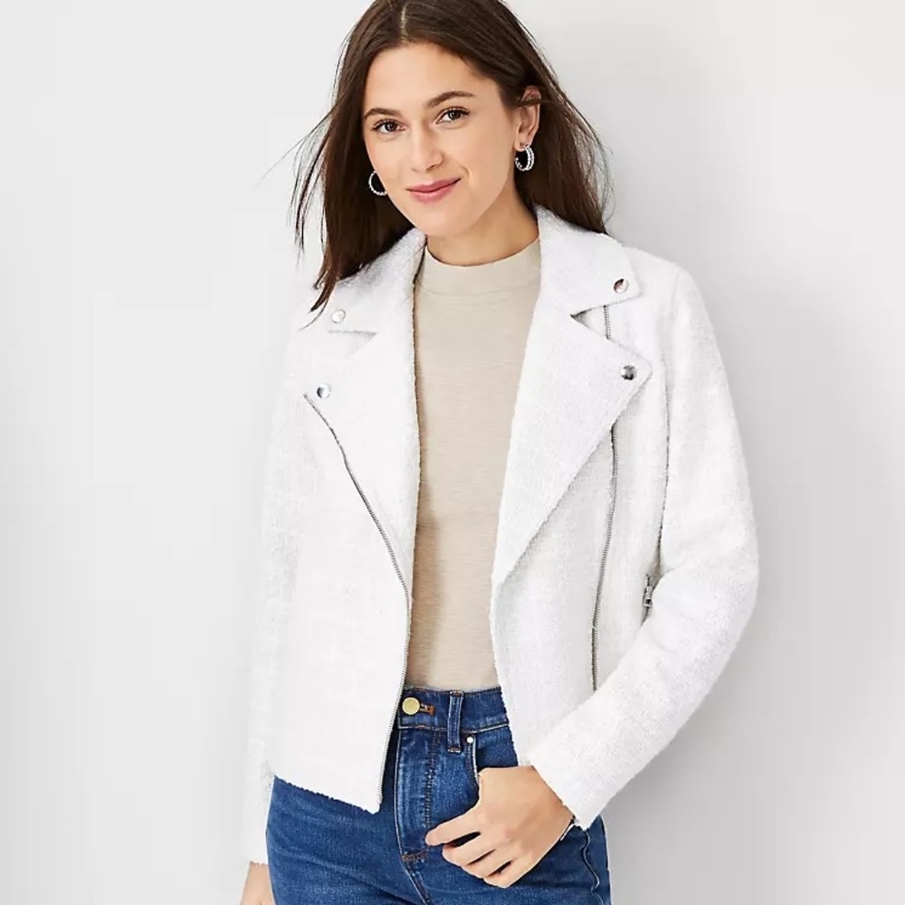 NWT: Ann Taylor Winter White Tweed Moto Jacket - Size 14